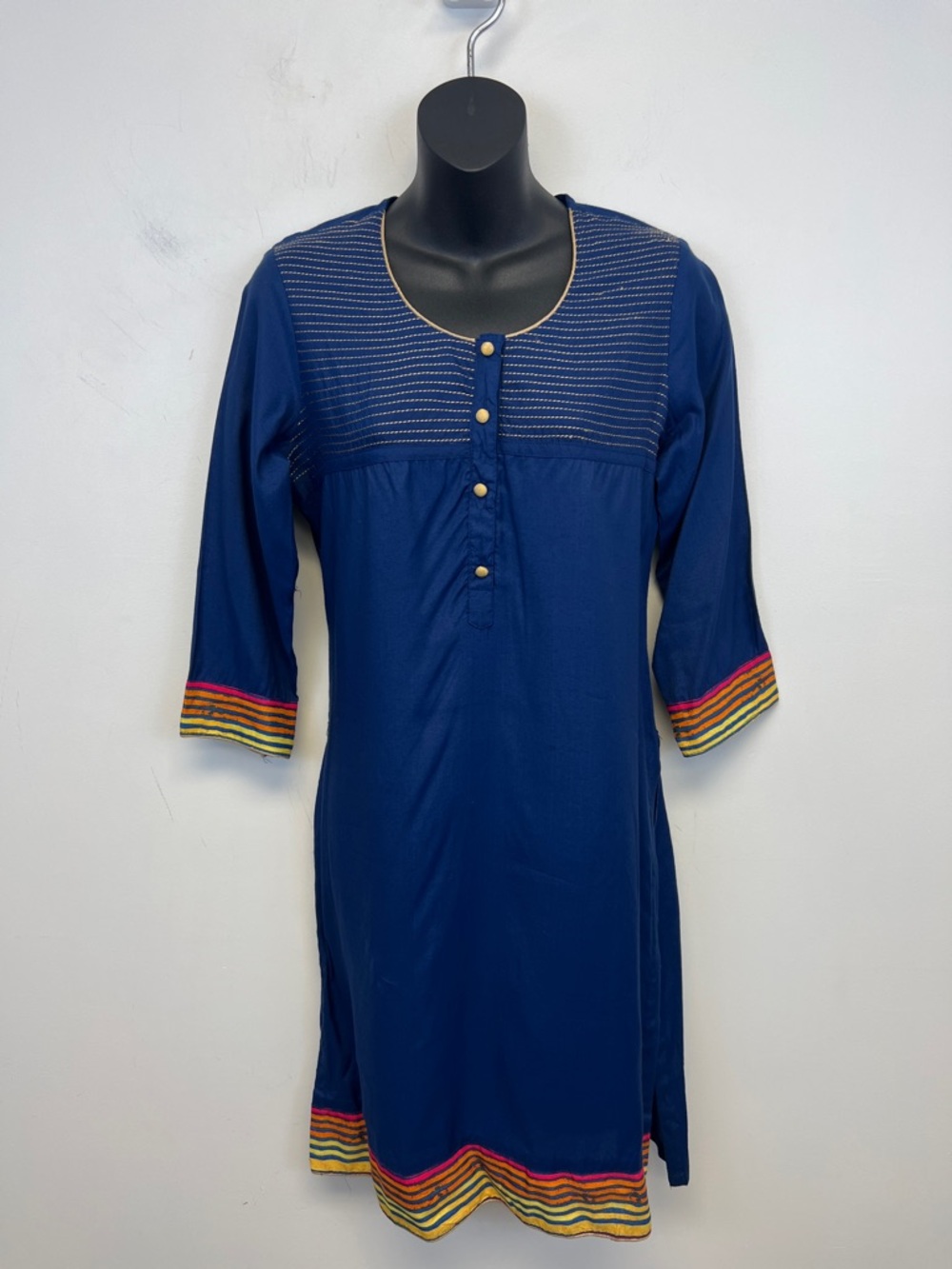 W Elegant Blue Women's Kurta with Gold threading and Multicolor Accents Size S